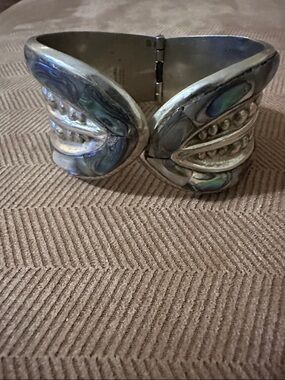Abalone Inlay Hinged Silver-Tone Cuff Bracelet